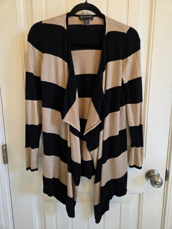 INC International Concepts Sweaters - INC Metallic Gold And Black Stripe High/Low Open Cardigan